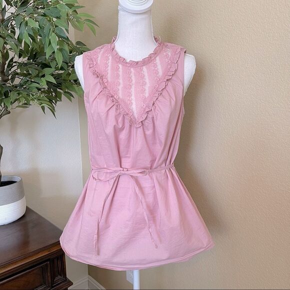 Modcloth Pink Tie Front Ruffle Lace Top Blouse Shirt Large Spring Summer - Picture 2 of 3